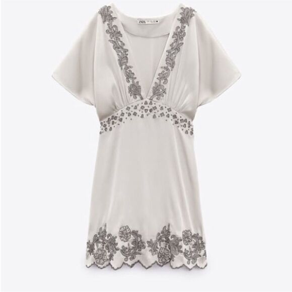 ZARA SHORT EMBROIDERED DRESS PEARL GRAY SZ S - Picture 3 of 10